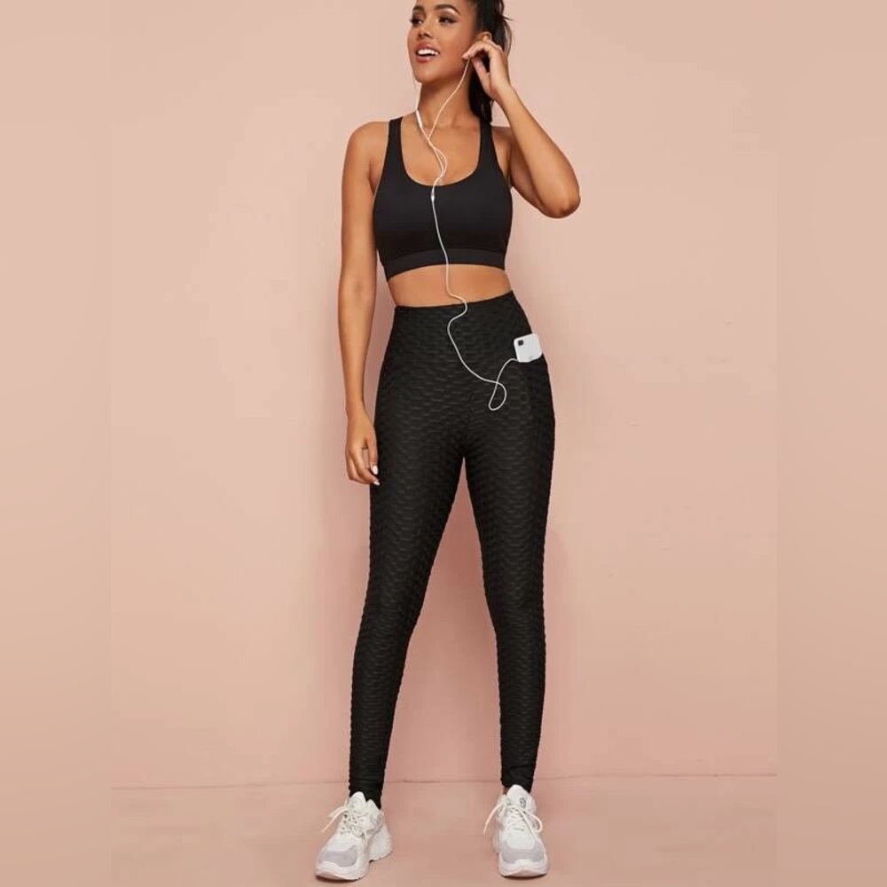SHEIN Solid Textured Sports Leggings with Phone Pocket - Picture 4 of 16